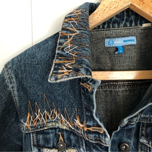 Denim Boho Coastal Cowgirl distressed denim embroidered jean jacket Small - Picture 3 of 12